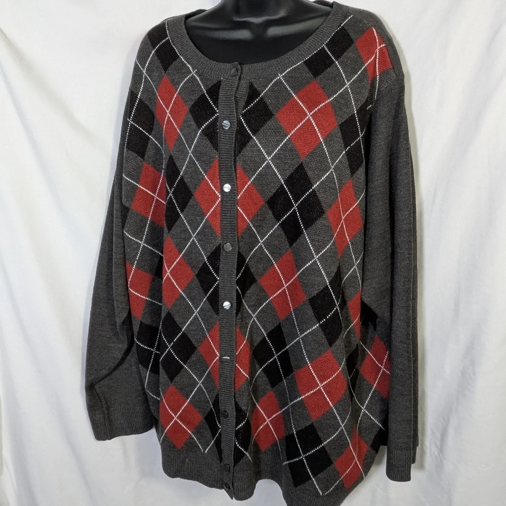Croft & Barrow Women's Argyle Cardigan Charcoal Red Preppy Academia Classic 4X - Picture 1 of 9